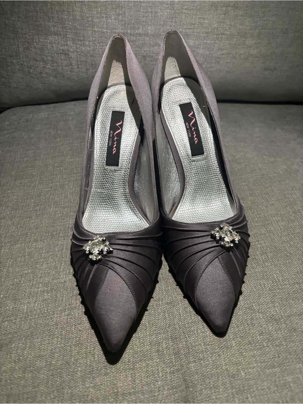 Nina New York Women's Gray Satin Pointed Toe Pumps with Rhinestone Accent